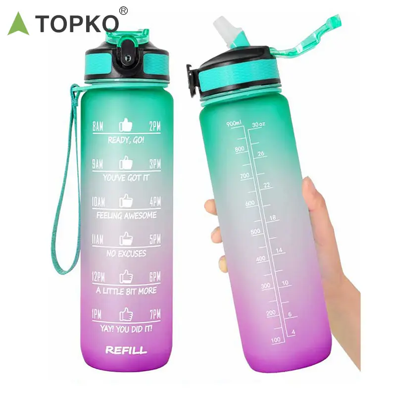 Topko garrafa de água esportiva 1000ml, garrafa de plástico motivacional com marcador de tempo para academia e acampamento ao ar livre