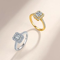 Bague Halo en Argent Sterling 925 avec Moissanite Taille Émeraude 1-2,5 μm, Plaqué Or Vermeil, Pavé, à Branches Divisées, Bijoux Fins pour Femme, Vente en Gros