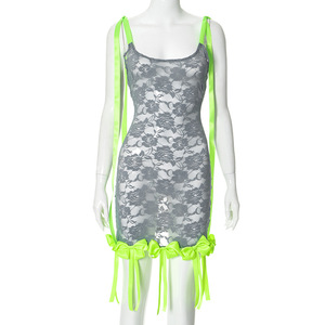 เดรสแฟชั่นสำหรับผู้หญิงผูกโบว์เซ็กซี่ผ้าแจ็คการ์ดเอวสูงผูกลูกไม้ - Product Image 5