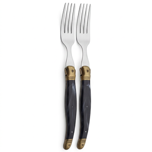 Ensemble de fourchettes vintage en acier inoxydable avec manche noir et accents en laiton pour la restauration et la table - Product Image 1