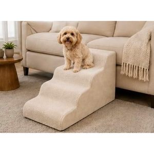Escalier pour animaux de compagnie, solide, lavable, beige crème, 3 marches, mousse pelucheuse, accessoire pour petit canapé pour chien - Product Image 1