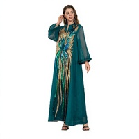 Robe longue décontractée pour femmes musulmanes du Moyen-Orient, col en V, manches longues, ornée de paillettes d'autruche faites à la main en polyester