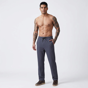 Pantalon décontracté d'été pour homme en mélange lin-coton respirant, taille élastique avec cordon de serrage, poches latérales, tissé mi-lourd - Product Image 1