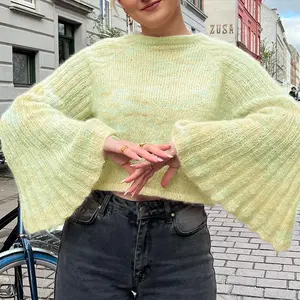 Chic yeşil örme O boyun kazak kadın moda alevlendi kollu standı yaka örgü kazak 2023 sonbahar rahat kadın triko 2646