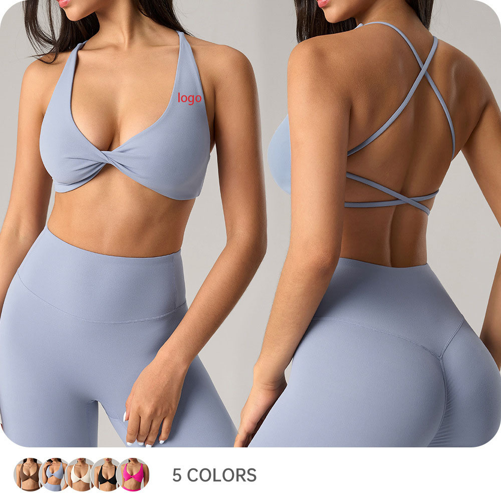 Sexy U Neck Padded Bra Cross Back Breathable Backless Bra Narrow Strap Sports Bra