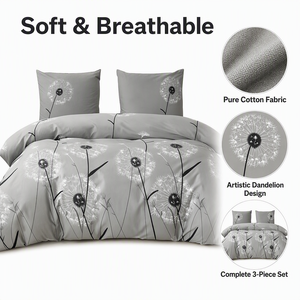 Ensemble de literie en coton artistique motif pissenlit gris et blanc, housse de couette Blowball, pour la vente en gros et le dropshipping UE, 3 pièces, en stock en Pologne - Product Image 3