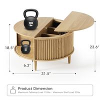 Table basse ronde convertible moderne en chêne naturel avec plateau relevable, rangement et étagère, meubles de salon