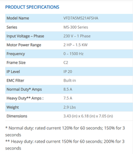 อินเวอร์เตอร์ Delta MS300 VFD7A5MS21AFSHA 200-240V 1 เฟส 1.5 กิโลวัตต์ 2 แรงม้า - Product Image 2