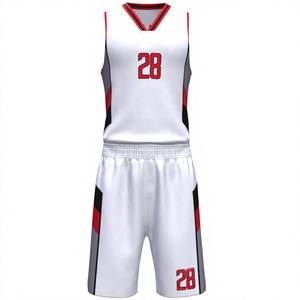Custom Basketball Jersey Set White <b>Red</b> Black V-Neck Sleeveless Sublimated Moisture Wicking Mesh Polyester Unisex Elastic Waist - Product Image 1