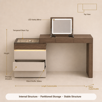 Coiffeuse moderne crème multi-niveaux avec armoire à bijoux, miroir LED, plateau en verre trempé et 6 tiroirs de rangement