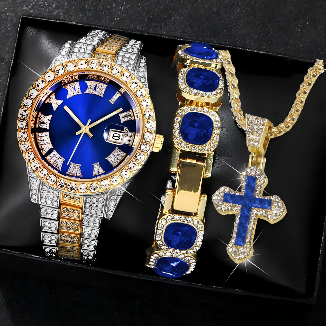 Montre bleue or argent + ensemble 2 pièces bleu or