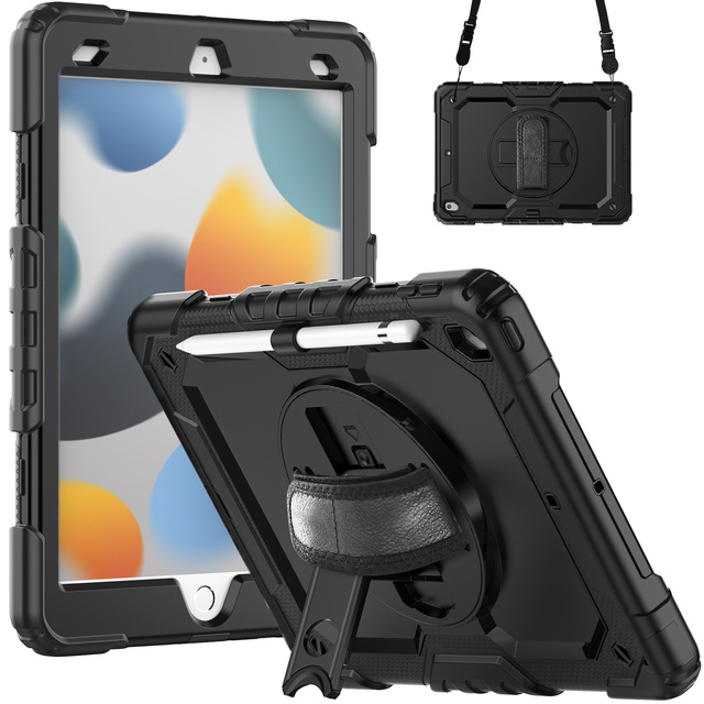 Full Shock Protection Rugged 2 in 1 Tablet Case with Kickstand and Hand Strap for iPad 8th 7th Generation 10.2 Inch