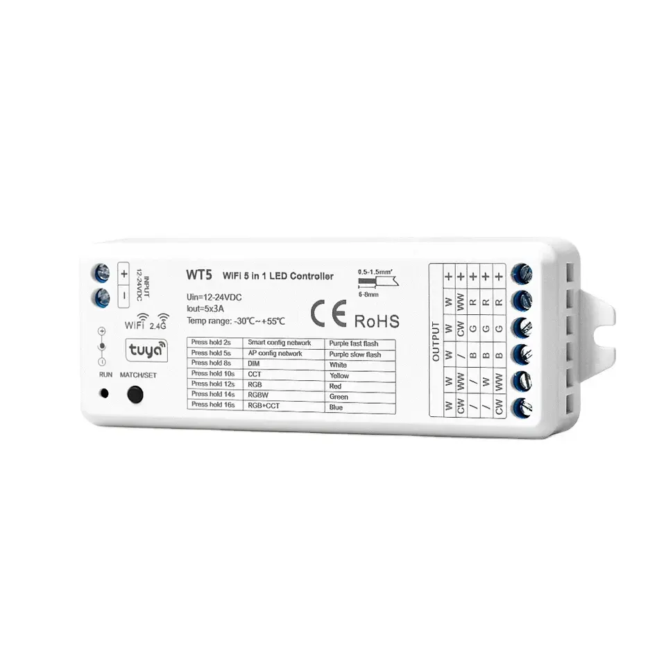 5 in 1 Smartphone WLAN WT5 Tuya APP Sprach- und Musiksteuerung WLAN-Controller RGBCCT LED-Controller