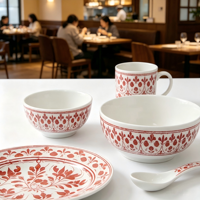 Ensemble de bols et assiettes en céramique rouge terre cuite à motifs floraux imprimés à la main, style bohème, vaisselle pour la maison, le restaurant, le camping et les cadeaux