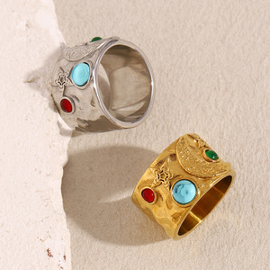 Bague large en acier inoxydable plaqué or 18 carats, incrustée de pierres précieuses colorées, style rétro, texturée, pour femme - Product Image 6
