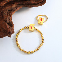 Ethnischer Stil Mahjong Elastic Rope Ring Armband Edelstahl 18 Karat vergoldet Schmuck Set
