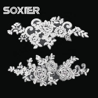 Patch Floral en dentelle brodé, 3 pièces, luxueux motifs floraux, pour robe de mariée, blanc