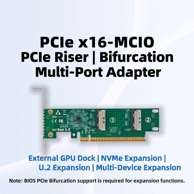 PCIe 5.0 X16 MCIO Riser Card Multi-Port PCIe Bifurcation Adapter NVMe/U.2 Storage Expansion (BIOS Bifurcation Required) Stock
