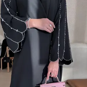 OEM/ODM pakaian Abaya Lebaran gaun sederhana panjang hitam kualitas tinggi gaun Muslim pakaian Abaya terbuka Satin