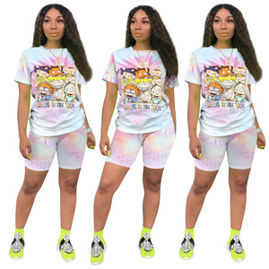 Casual Summer Women Cartoon printing Loose Short Sleeve O-neck T-shirt 2 Piece Biker Running Shorts Set - Product Image 3