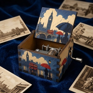Caja de <span class=keywords><strong>música</strong></span> de manivela, caja de <span class=keywords><strong>música</strong></span> de madera con diseño del Big Ben de Londres, arte callejero bajo la lluvia, regalo de viaje vintage al por mayor - Product Image 4