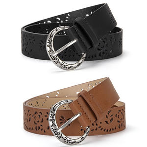 Cinturón Casual de Moda para Mujer, Estilo Étnico, de Cuero Genuino Tiyo, con Patrón Floral y Hebilla Plateada de Estilo Occidental, 3.5cm de Ancho - Product Image 1