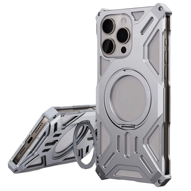 Aluminum Metal Hollow Magnetic Chinoiserie Design Heat Dissipation Phone Case 14 15 16 Pro Max Shockproof Stand 360 Rotating