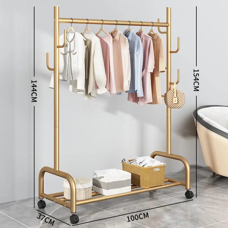 100cm langes Schlafzimmer Freistehende Metall-Eck garderoben Einlagiges goldenes Kleider regal mit Taschen haken