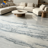 Dalle de marbre KT Stone gris clair avec veinage bleu-noir horizontal pour mur d'accentuation de salon