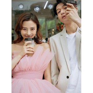 Pink Tulle Off-Shoulder Ball Gown Wedding Dress Empire Waistline Strapless For Studio Street Photography Portrait - Product Image 2