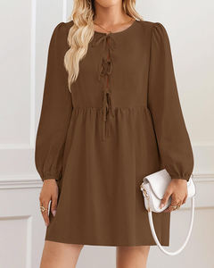 Vestido de Damas jóvenes <span class=keywords><strong>para</strong></span> el verano Color deslizado O-cuello Manga larga Vestidos acampanados con pajarita y botón oculto - Product Image 2