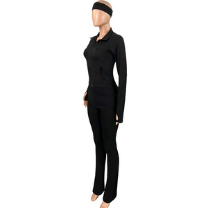 2 Stück Damen Yoga Wear Damen Outfit Jogger Daumenloch Jacke Ausgestellte Hose Zweiteilige Trainings sets für Frauen mit Stirnbändern - Product Image 4