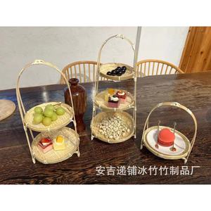 Handmade <b>Bamboo</b> Woven Two Tier Stand 19cm Diameter For Fruit Pastry Tea Serving - Product Image 2