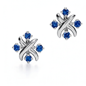 S925 Sterling <b>Silver</b> <b>Stud</b> Earrings Blue Round Cut Claw Set Cross Design for Women Party Wedding - Product Image 1