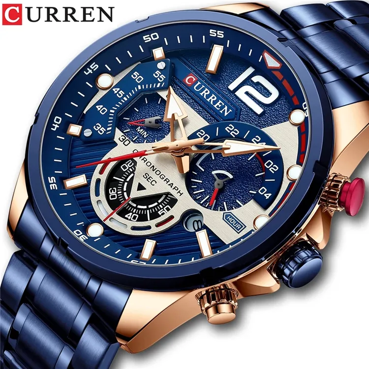 Curren 8395 Staal Mannelijke Horloges Sport Horloges Voor Man Lichtgevende Quartz Horloges Casual Chronograaf Rvs Man Klok