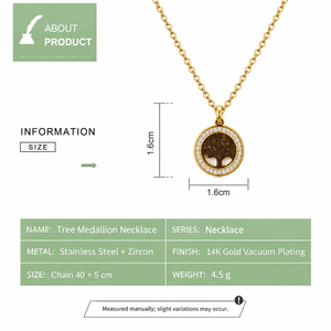 Collier Médaillon Arbre en Acier Inoxydable avec Zircon, Plaqué Or 14K sous Vide, Pendentif Halo et Chaîne Fine - Product Image 2