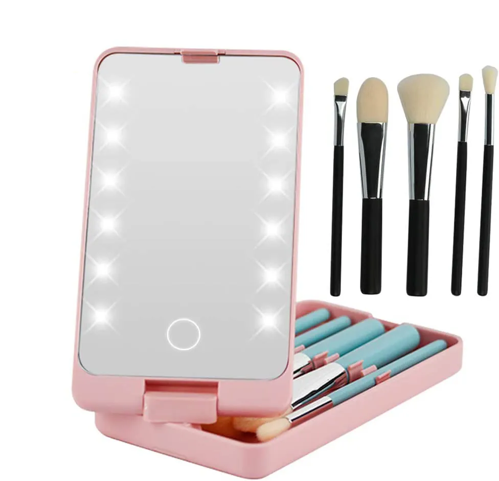 Kingworth 360 Degree Folding Travel Mirror With Led Lights And 5 Make Up Brushes