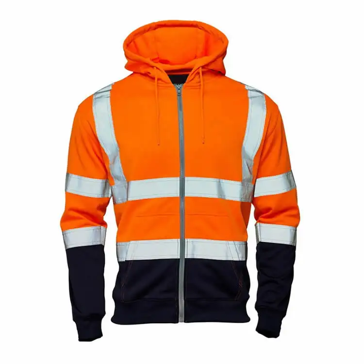 Factory Supply Orange / Navy Zipper Front High Visibility Construction Workwear Hi Vis Work Hoodie