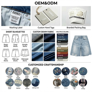 EIDEO OEM ODM Short en jean personnalisé pour <span class=keywords><strong>homme</strong></span>, coupe droite, effet moustache, bords bruts, en denim vieilli avec strass écologiques - Product Image 4