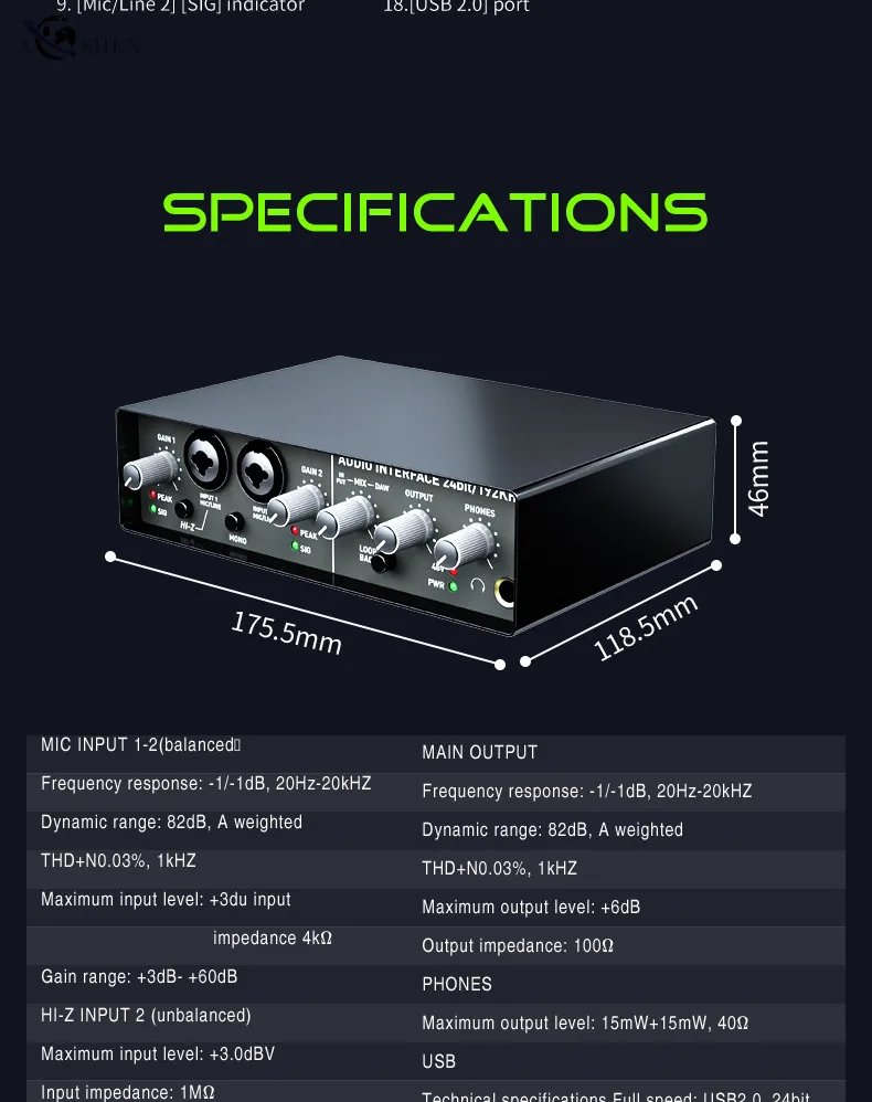 Professional Q24 USB Audio Interface Sound Card Mixing Computer Recording Box for Livestream Broadcast Musical Performance