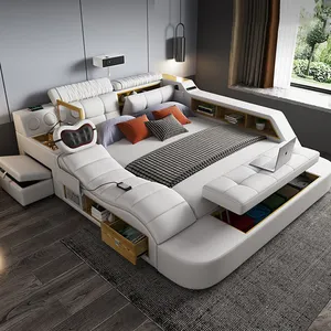 다기능 다다미 침대 마스터 침실 현대 간단한 가죽 더블 침대 스마트 프로젝터 웨딩 침대