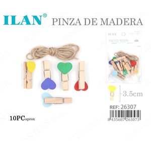Ilan Mollette in Legno a Forma di Cuore 3,5 cm con Corda di Canapa, Confezione da 10 Pezzi (circa) - Product Image 1