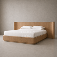 Cadre de lit en chêne massif rainuré vertical, style moderne minimaliste, avec table de chevet ronde assortie, meubles de chambre à coucher complets