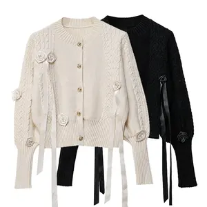 Wholesale 2021 Latest Rose Embroidery Fancy Button Up Knit Cardigan Knitting Ladies Coat Crew Neck Outwear Cardigan for Women