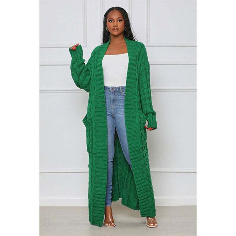 Ankle Long Women Cardigan with Side Pockets Plus Size Two Piece Set
