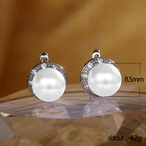 White Gold Classic Ball Freshwater Pearl Clip-on Earrings Brilliant Cut Bezel Setting Women's Wedding Jewelry - Product Image 6