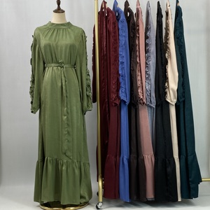 Robe longue modeste d'été en promotion avec manches à volants, Abaya musulmane ceinturée pour femme, idéale pour le quotidien (6582) - Product Image 6