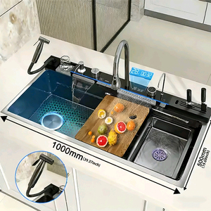 Évier de cuisine <span class=keywords><strong>grand</strong></span> format SUS304 2026 avec affichage numérique LED à touches de piano, cascade, cuve unique et plateau de séchage 10050 - Product Image 1