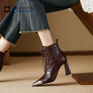 Mùa Đông Đỉnh Cao Của Phụ Nữ Cao Gót Da Chính Hãng Mắt Cá Chân Khởi Động Thoáng Khí Màu Nâu Booties Với Zip Đóng Cửa Cao Top Nhựa Đế Ngoài - Product Image 4