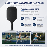 Raquette de pickleball avec noyau alvéolé de 14 mm, logo personnalisé, surface de friction en cuir, matériau hybride, manche long